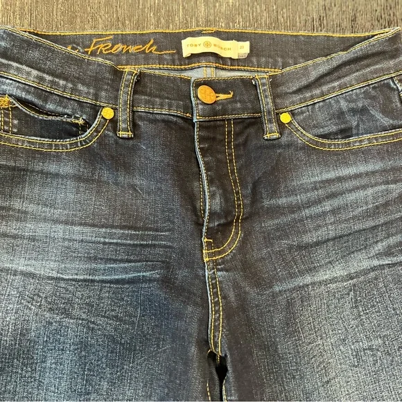 Tory Burch Cropped Slim Boot Cut Jeans Teal‎ Low Rise Designer Size 23